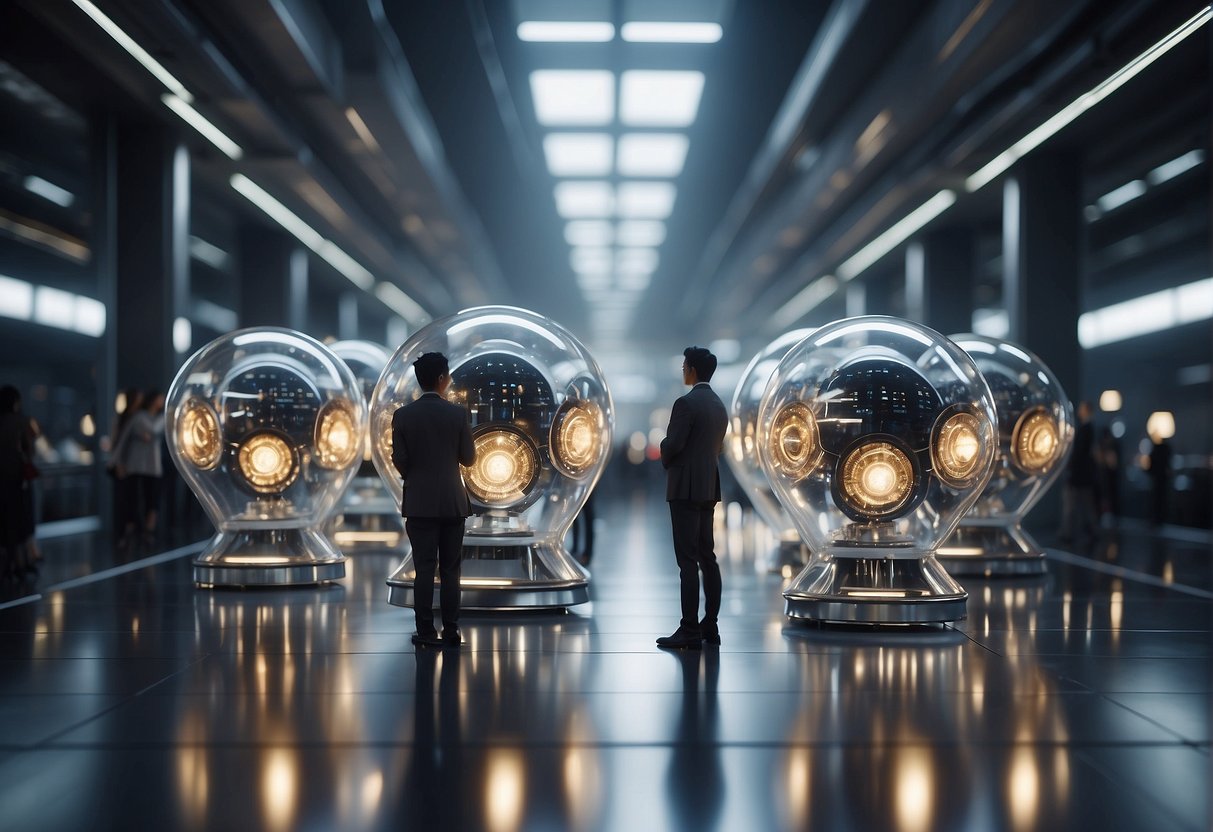 A group of AI companions with different designs and personalities interacting in a futuristic setting