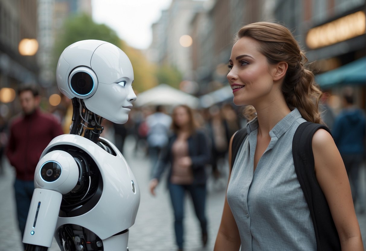 Various AI companions interact in a bustling city square, from helpful virtual assistants to humanoid robots. They engage with people, perform tasks, and display a range of emotions