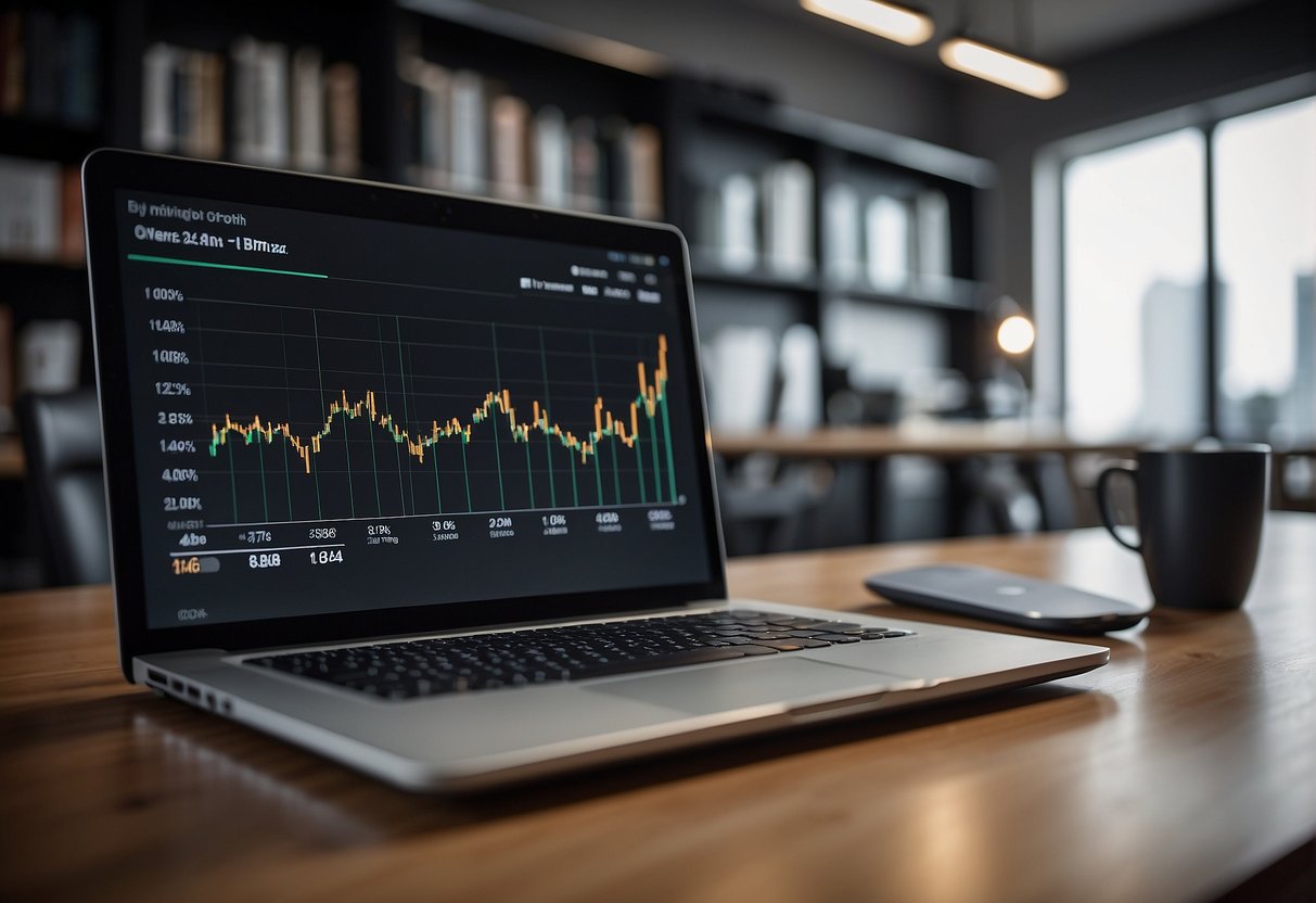 A laptop sits open on a desk, surrounded by books on e-commerce and business growth. A graph on the screen shows a steady increase in sales