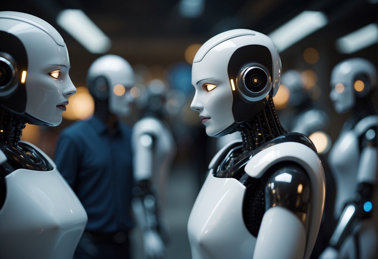 Various AI companions interact on digital platforms, from chatbots to virtual assistants, in a diverse and modern technological environment