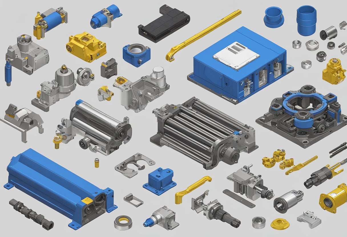 A collection of Sinoboom parts scattered on a workshop table, including hydraulic components, metal frames, and electrical wiring