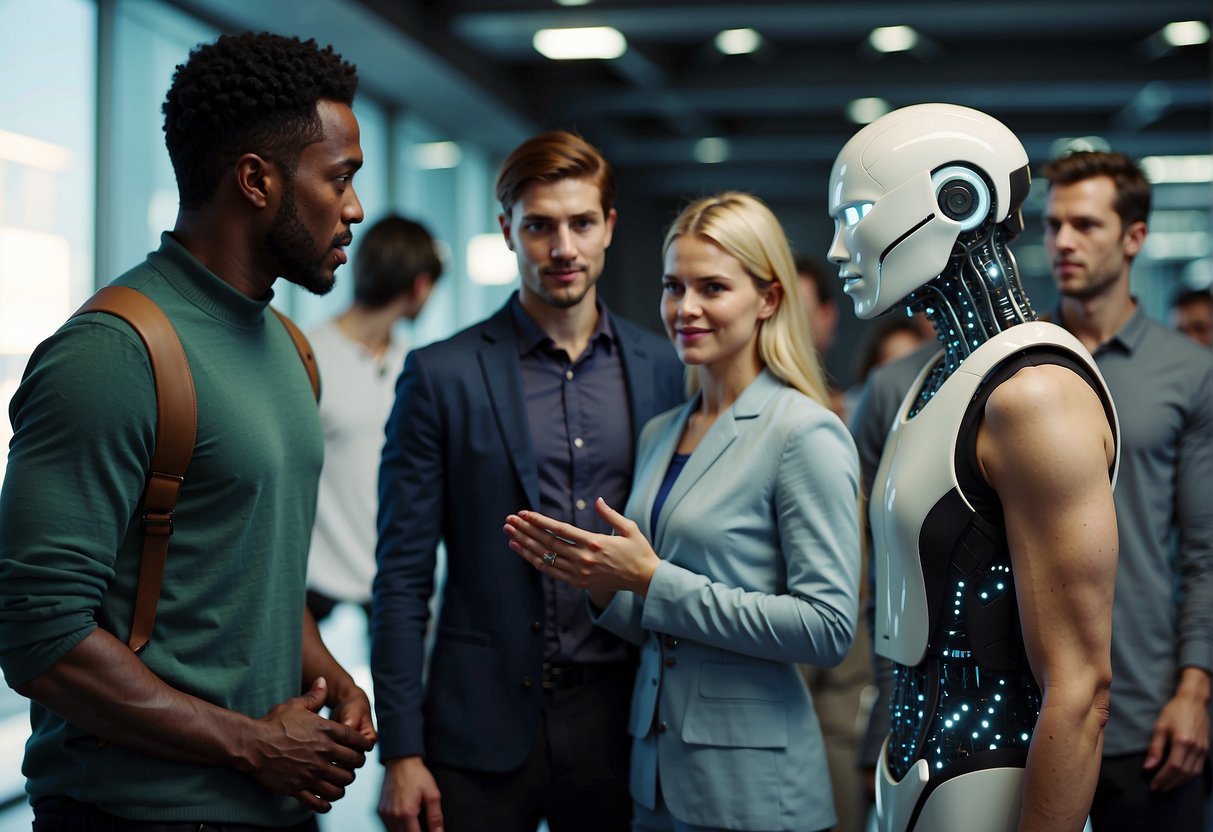 A group of diverse AI companions interacting with humans in various settings, displaying empathy and understanding