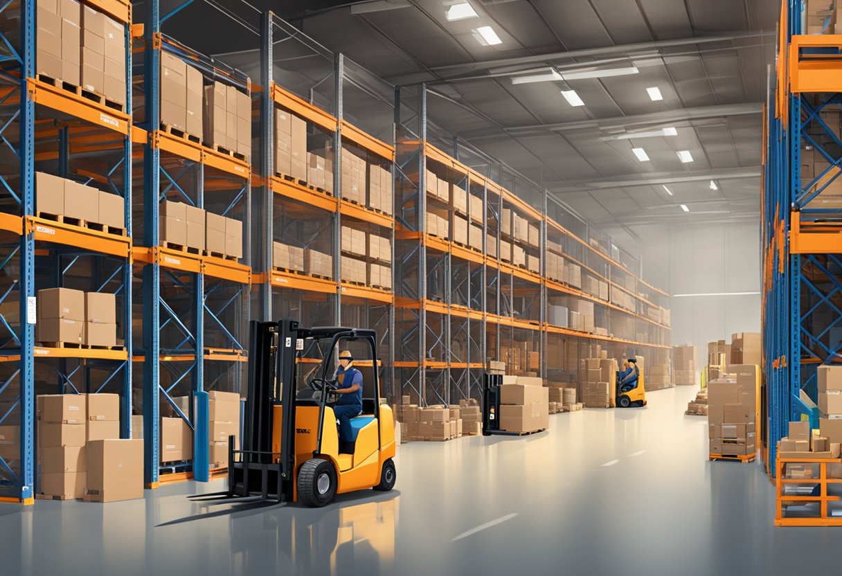 A warehouse with shelves of sinoboom parts neatly organized and labeled, with workers using forklifts to move and stack the items