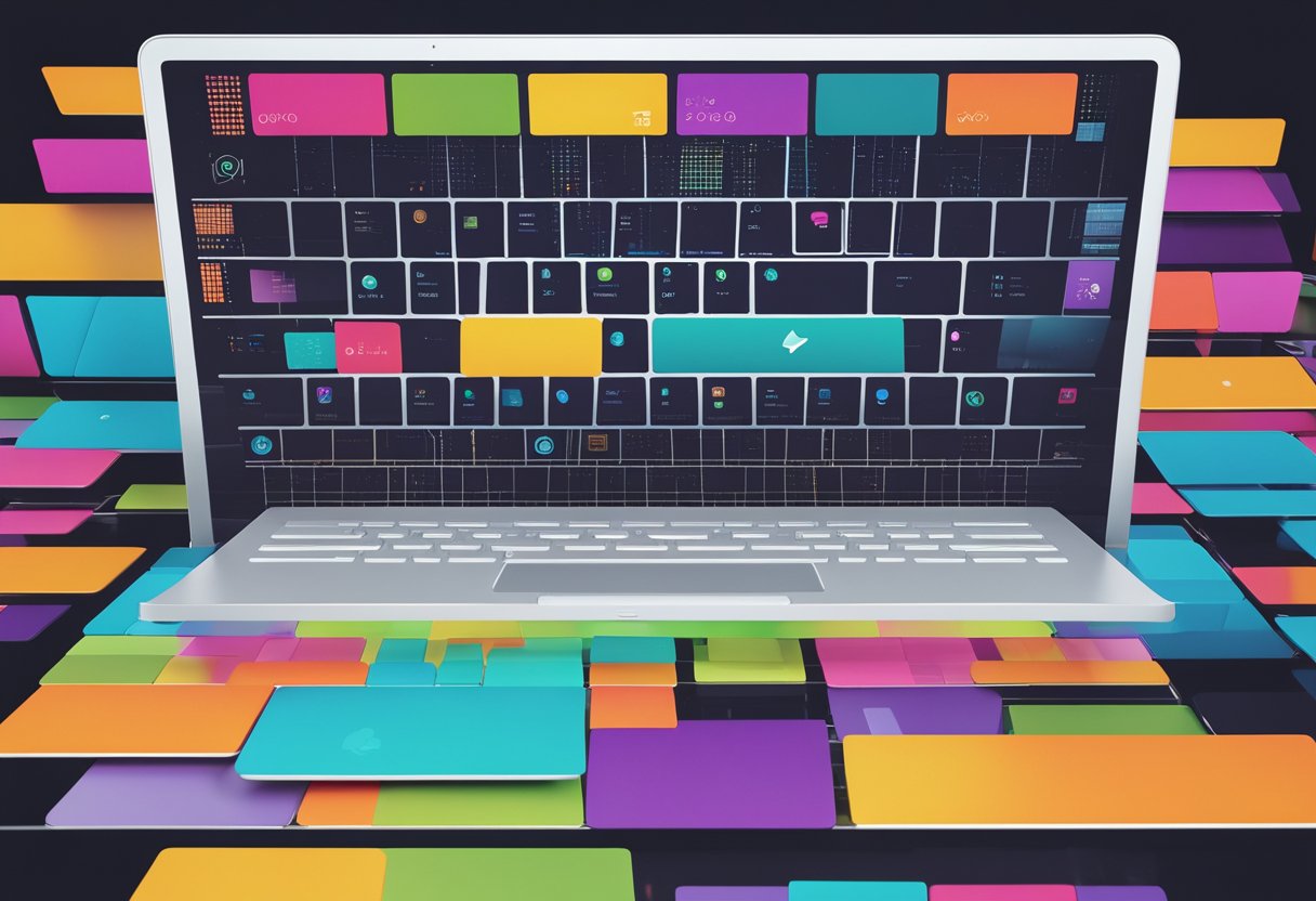A sleek and modern laptop sits on a clean, minimalist desk with a stylized logo of a no-code web design platform glowing on the screen. A grid of colorful, user-friendly icons surrounds the laptop, showcasing the ease and power of the platform