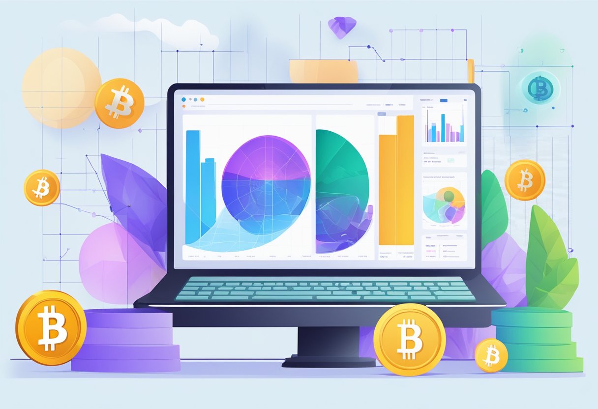 A computer screen displays a website ranking 600 crypto currencies by activity, with colorful charts and graphs