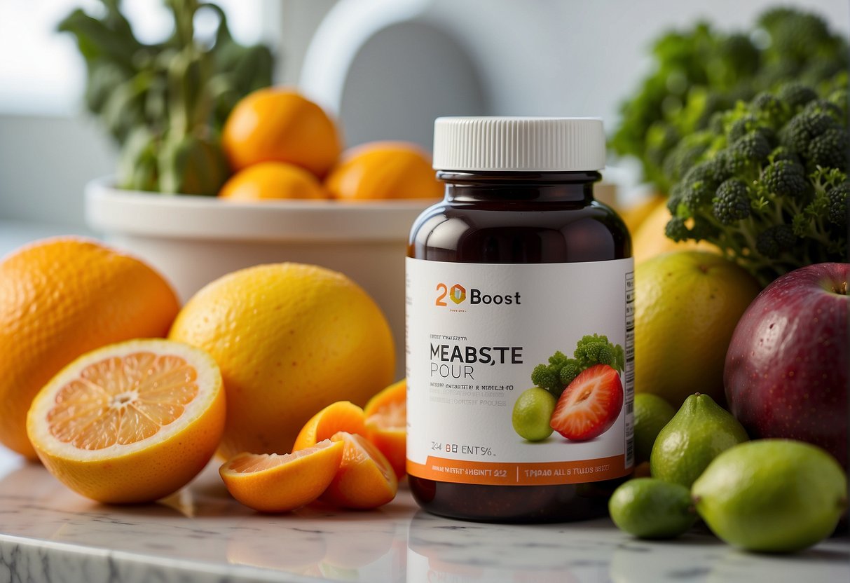 A bottle of MetaBoost 24 hour fat flush sits on a sleek, modern countertop next to a fresh, vibrant assortment of fruits and vegetables. A clock on the wall reads 24 hours, emphasizing the product's all-day effectiveness