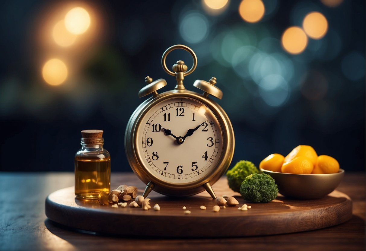 A clock striking midnight with a bottle of MetaBoost 24 hour fat flush in the foreground, surrounded by various natural ingredients and a sense of rejuvenation