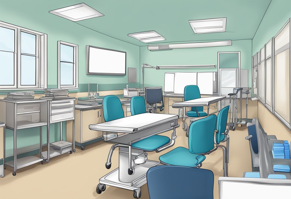 A classroom with medical equipment, textbooks, and a whiteboard for CNA training