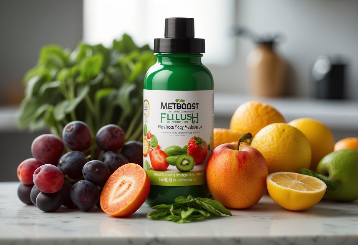 A bottle of MetaBoost 24-hour fat flush sits on a clean, white countertop, surrounded by fresh fruits and vegetables. The label is prominently displayed, with the product name and benefits clearly visible