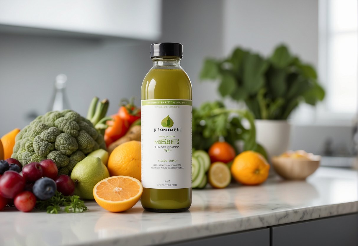 A bottle of MetaBoost 24 hour fat flush sits on a clean, white countertop, surrounded by fresh fruits and vegetables. The label prominently displays the product name and key benefits