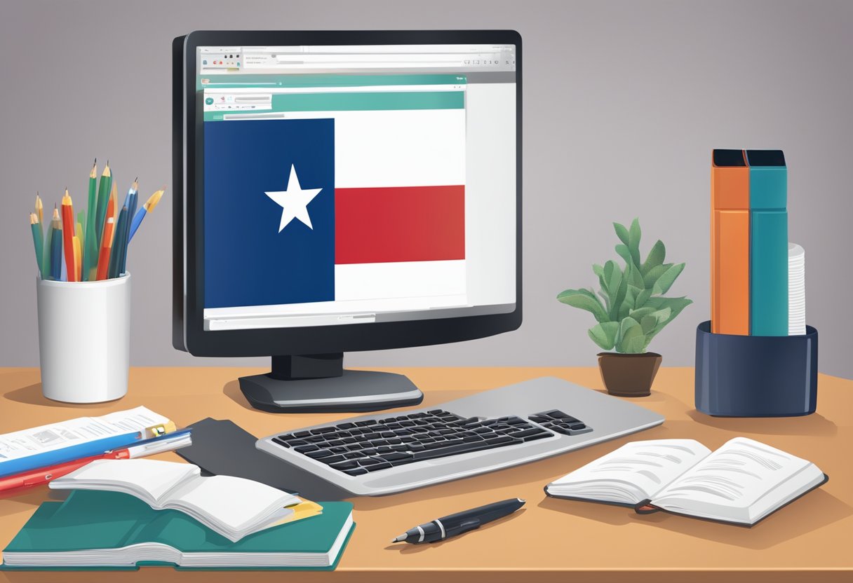 A computer with Texas flag background, textbook, and CNA training materials on a desk