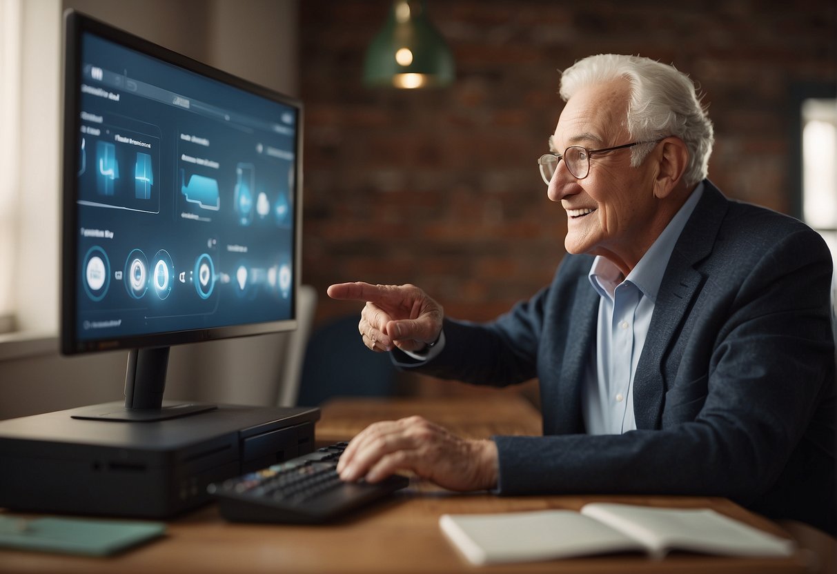 A senior interacts with a digital assistant, asking for reminders and information. The AI responds with clear, friendly communication