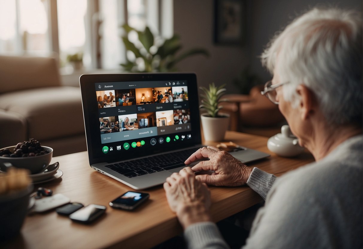 A cozy living room with an AI assistant engaging with a senior, displaying photos and playing music to combat loneliness
