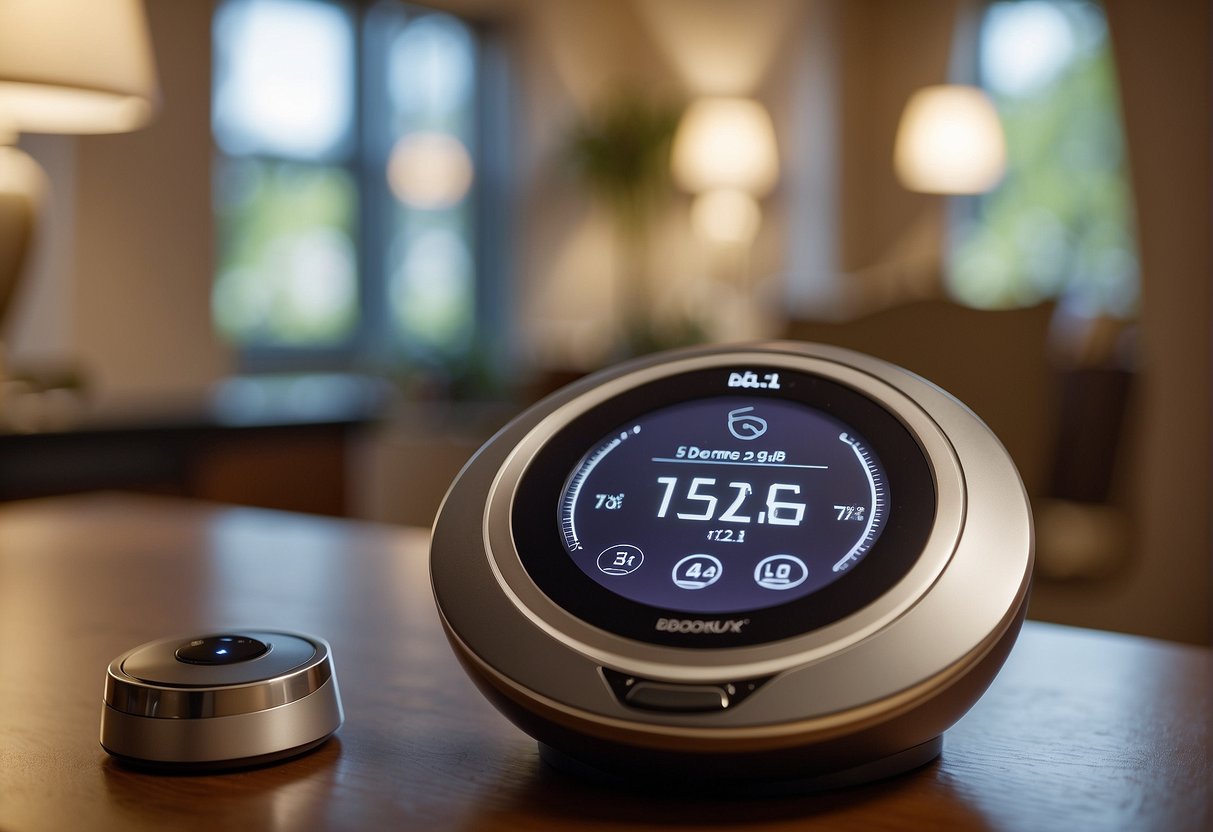 An AI device assists a senior with daily tasks, such as turning on lights and adjusting the thermostat, promoting independent living