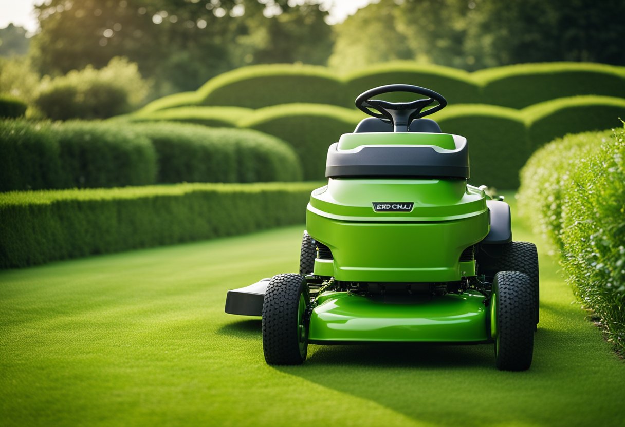 A bright green ride-on lawn mower cuts through a lush, rolling Irish landscape, leaving behind a perfectly manicured lawn