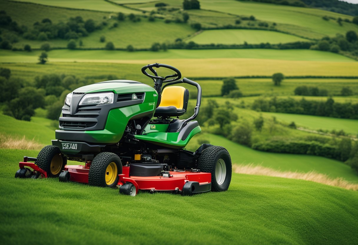 A ride-on mower navigates various terrains in Ireland, from lush grassy fields to rugged landscapes