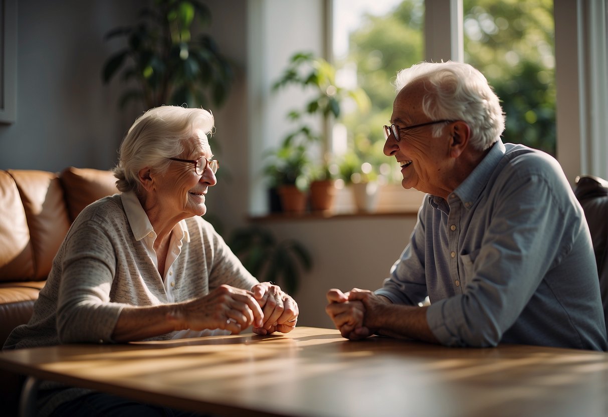An elderly person interacting with a friendly AI assistant, receiving cognitive support and guidance