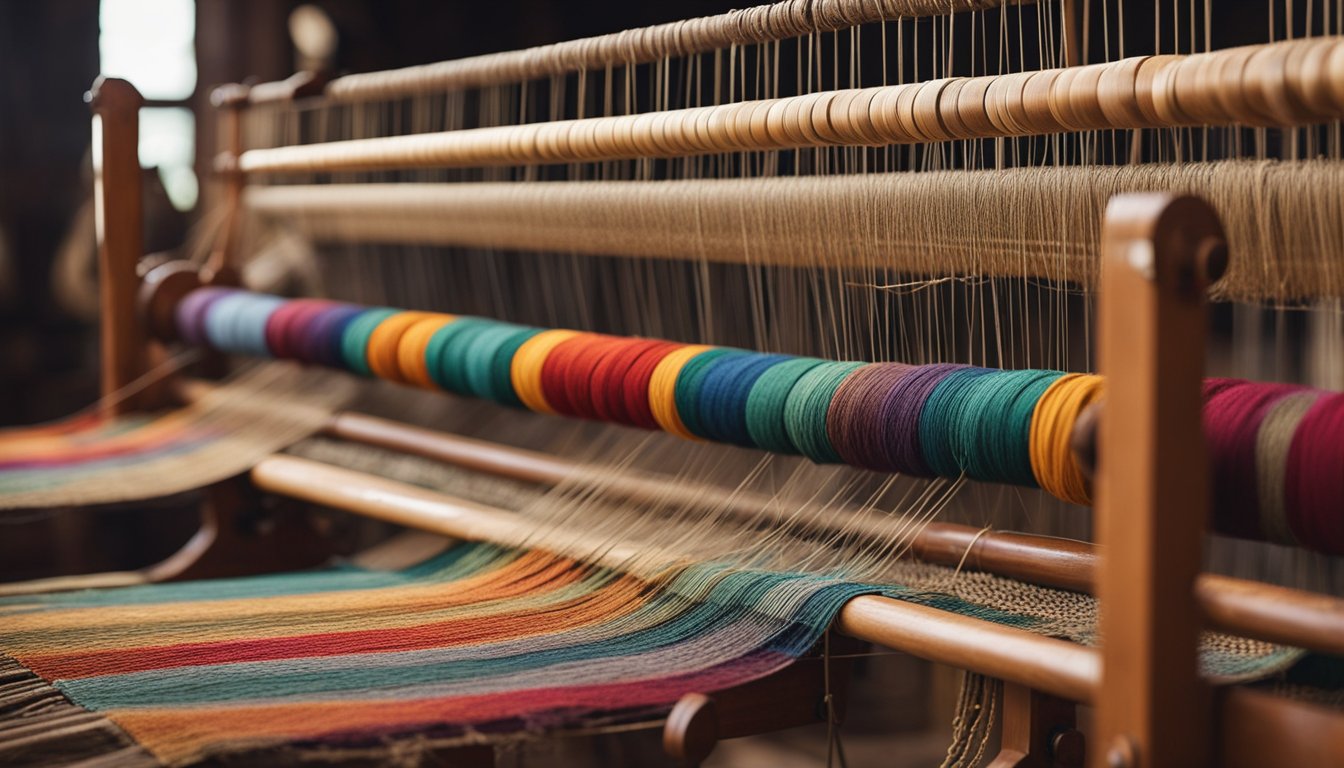 An old loom weaves colorful threads, creating intricate patterns of Arraiolos Carpets. The historic town of Arraiolos provides inspiration for the traditional craft