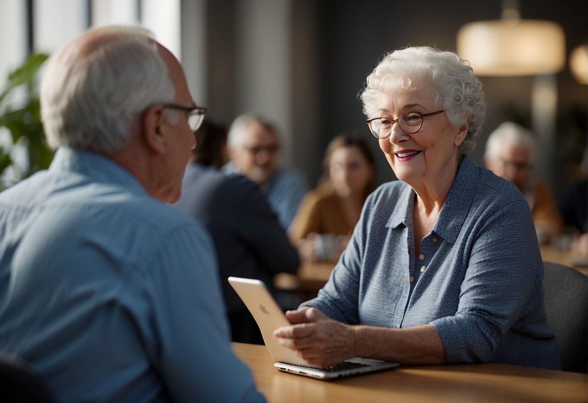 Seniors engaging with AI, asking questions and receiving responses, with a focus on learning and interaction