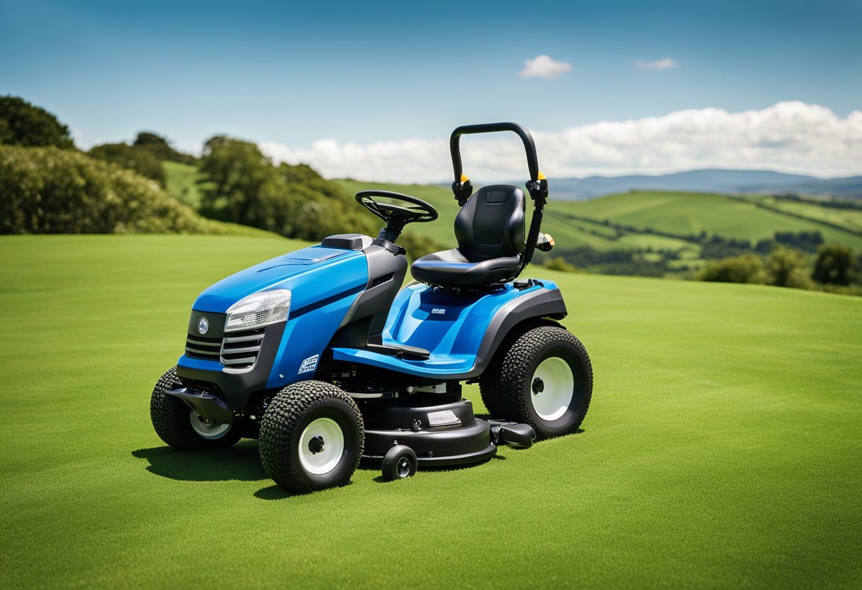 A sleek ride-on lawn mower cruising across a lush green Irish landscape, with rolling hills and a clear blue sky in the background