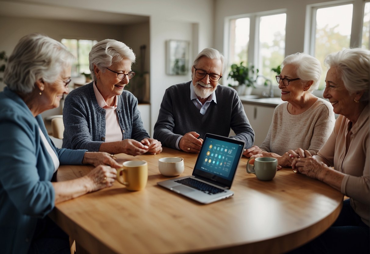 A group of elderly individuals interact with AI devices, including voice-activated assistants and smart home technology, to assist with daily tasks and provide companionship