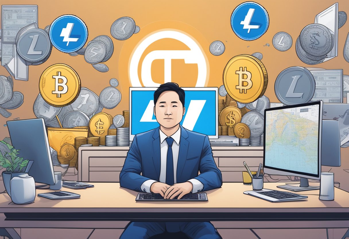 Charlie Lee resigns from Coinbase, holding a Litecoin symbol, surrounded by digital currency charts and a computer screen displaying the Litecoin logo