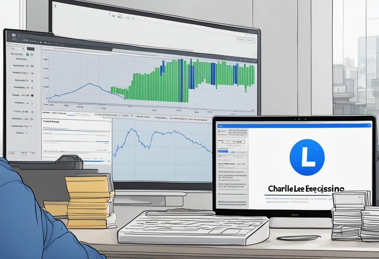 A computer screen displaying a news headline "Charlie Lee Resigns From Coinbase" with Litecoin logo in the background