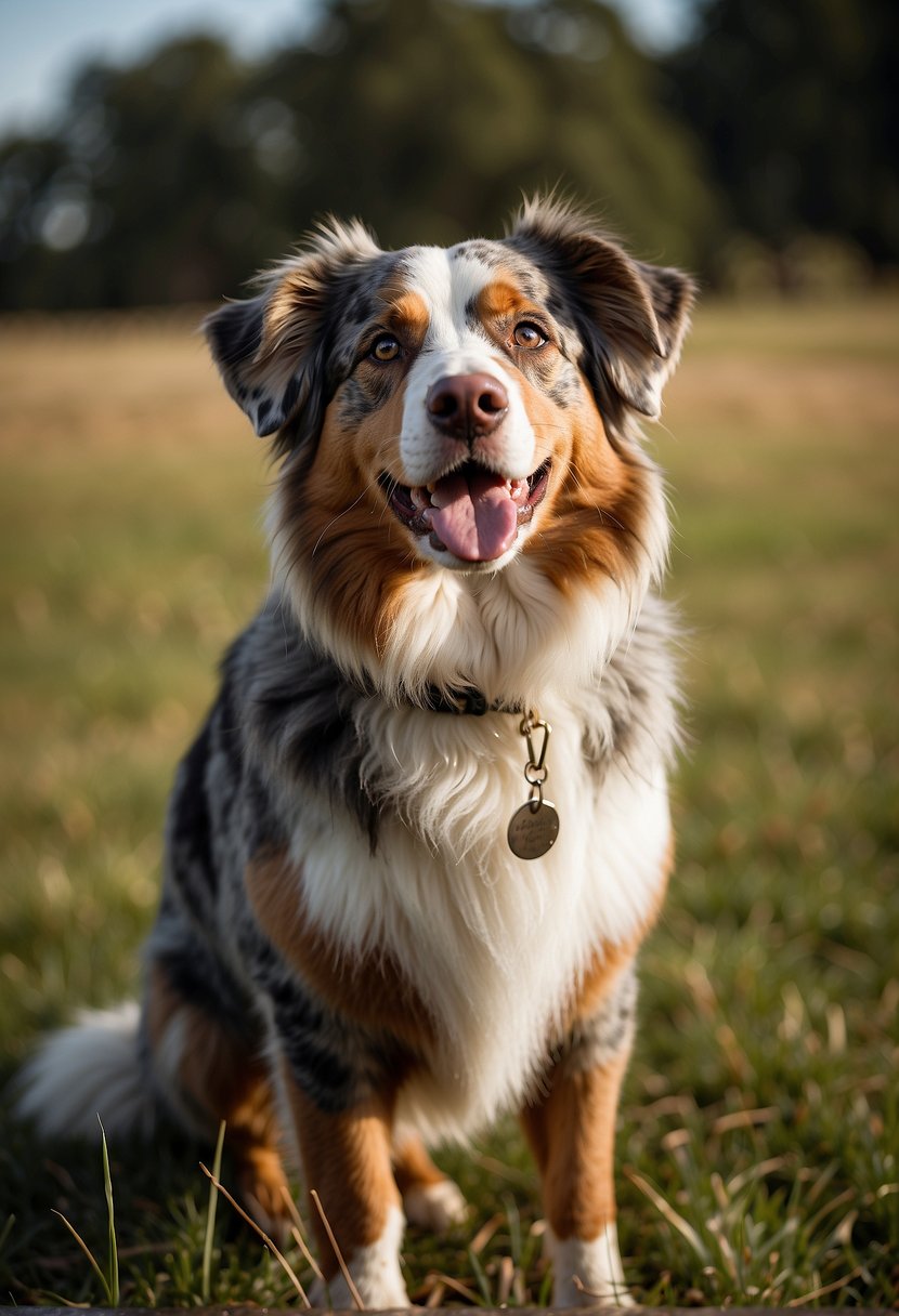 An Australian Shepherd dog with no tail stands proudly in a grassy field, its ears perked and eyes bright with curiosity