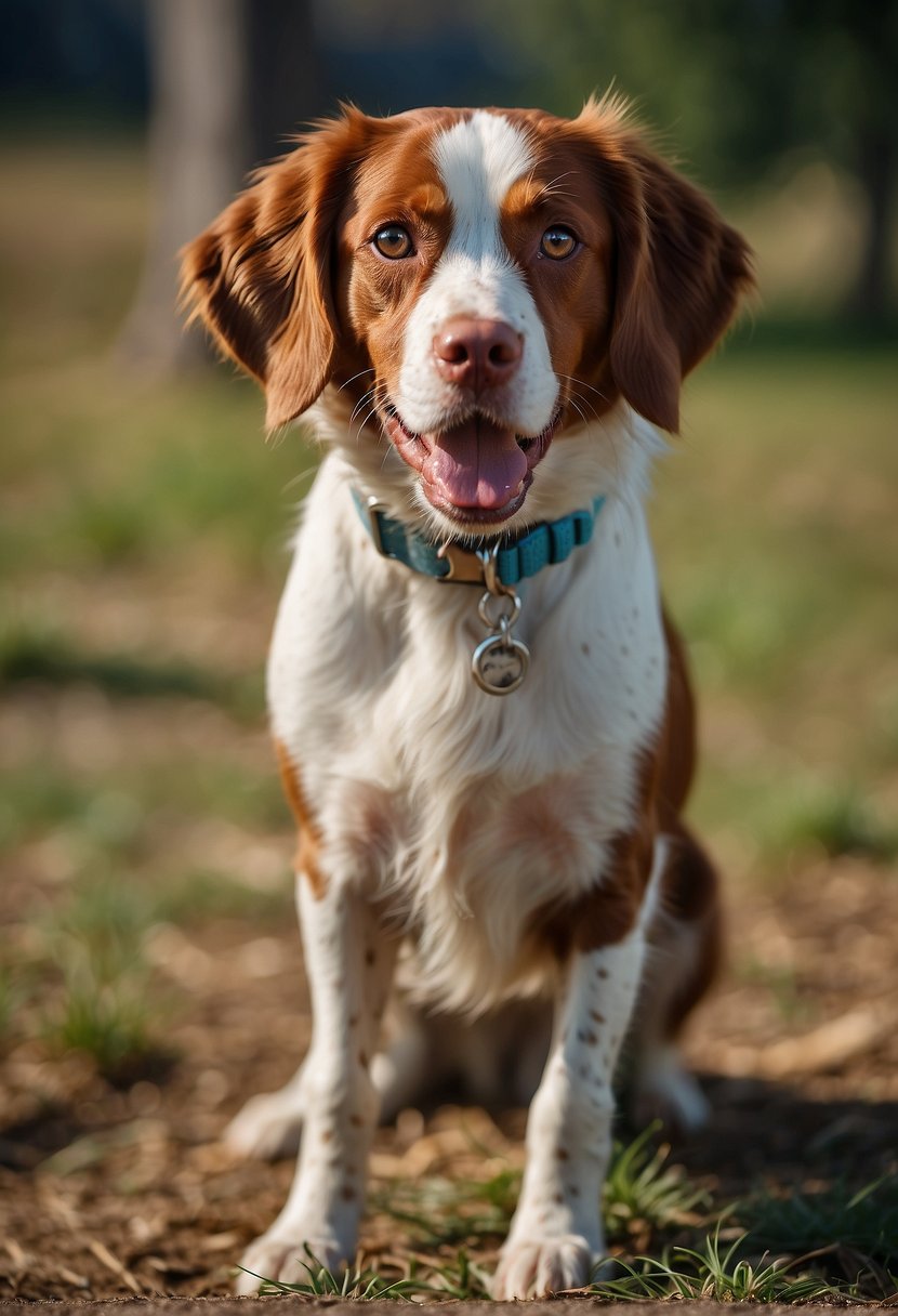 A Brittany Spaniel dog stands proudly, its tailless hind end on display