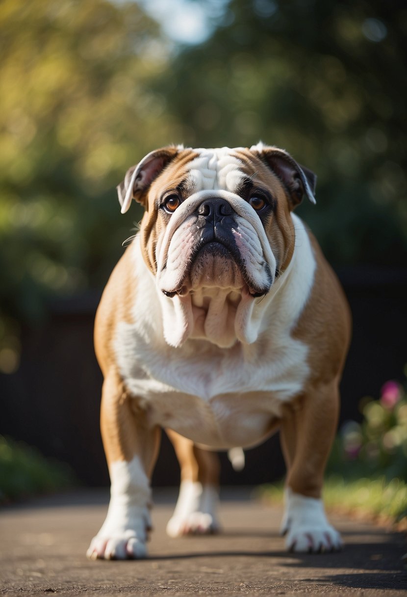 An English Bulldog stands proudly, its tailless rear end on display