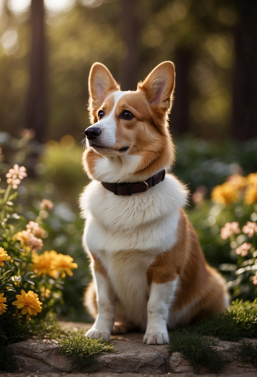 A Pembroke Welsh Corgi stands proudly, its tailless rear end on display
