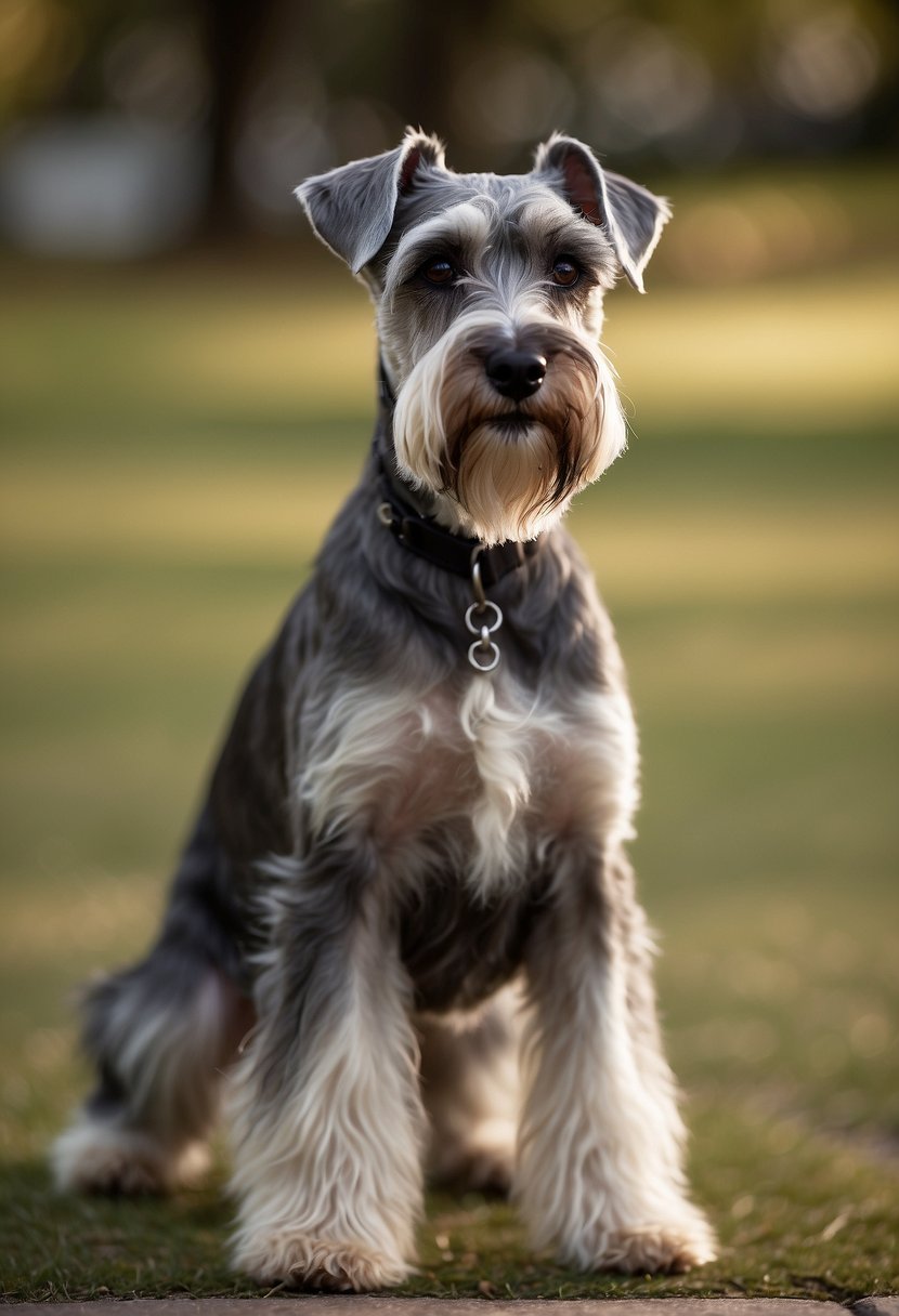 A Miniature Schnauzer dog stands proudly, its tailless backside facing the viewer. Its alert ears and bushy eyebrows give it a dignified and intelligent appearance