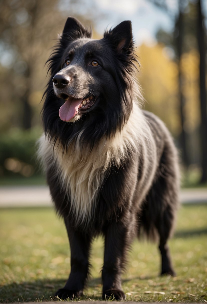 A Croatian Sheepdog stands proudly, its tailless body alert and attentive. Its fluffy coat and intelligent eyes capture the essence of this unique breed