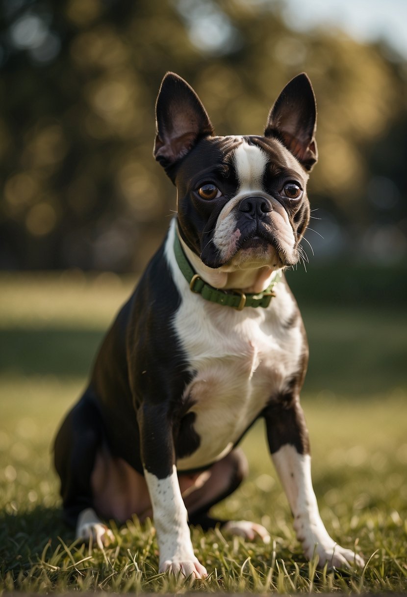 A Boston Terrier dog with no tail sits on a grassy field, looking alert and playful