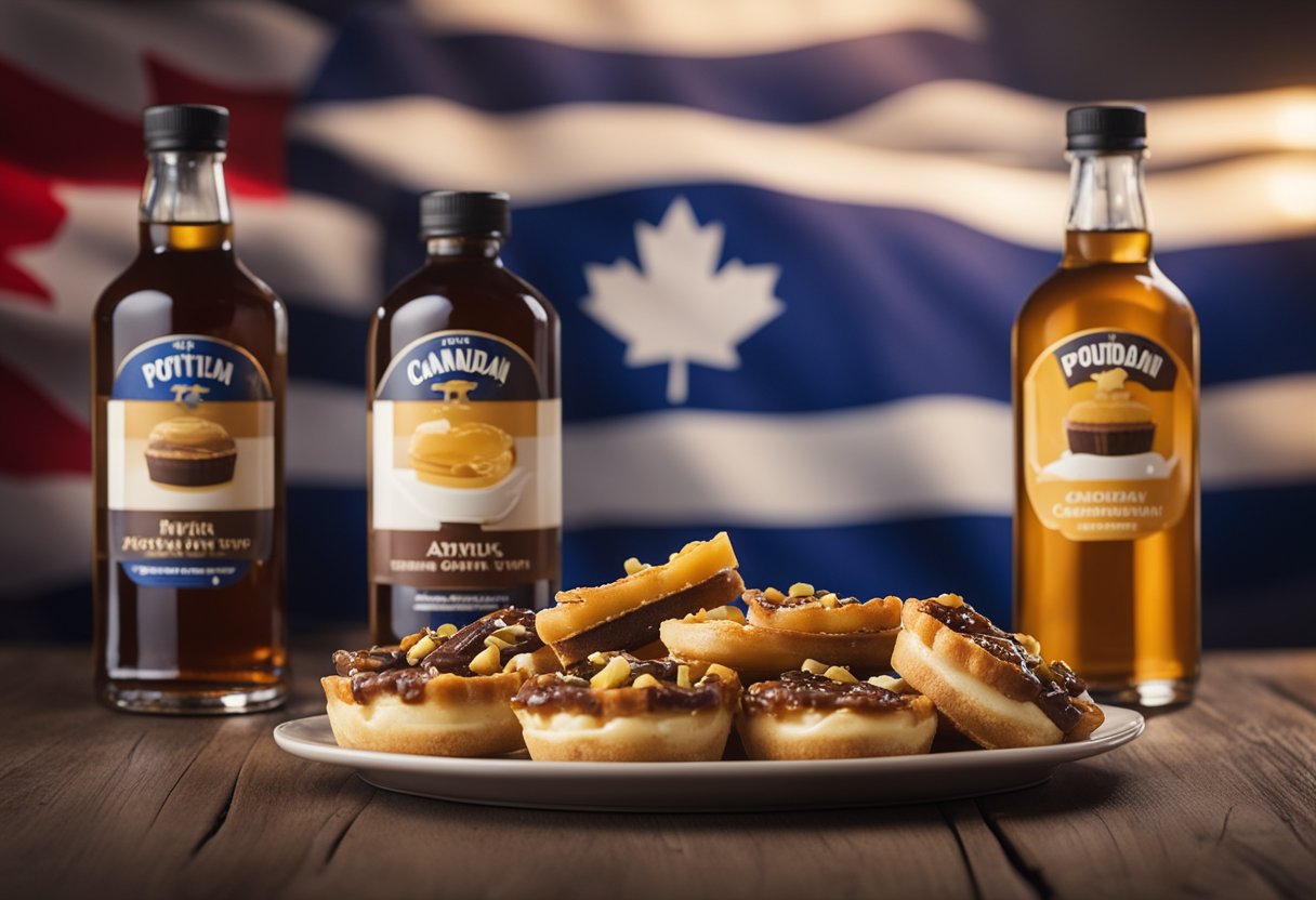 Uma mesa exibe poutine, tortas de manteiga e barras Nanaimo, com fundo de garrafas de xarope de bordo e uma bandeira canadense