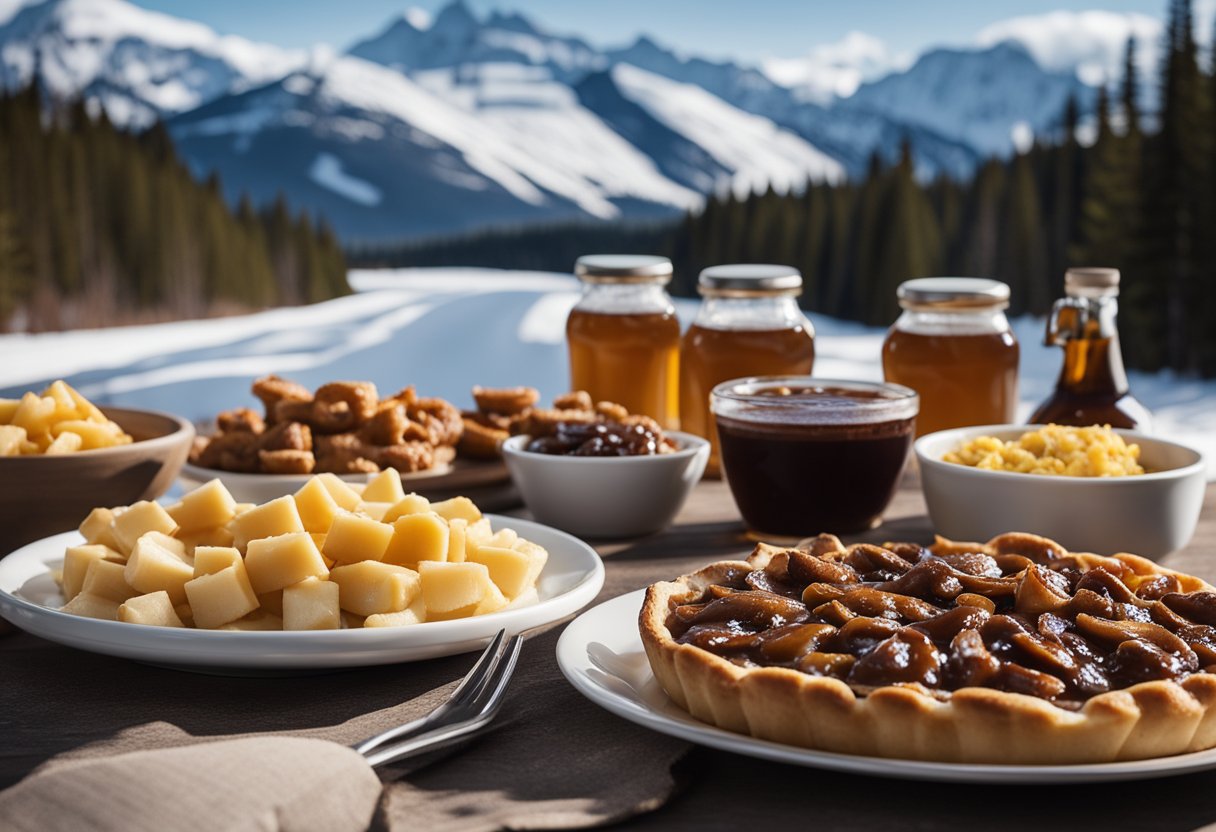 Uma mesa com poutine, tortas de manteiga e xarope de bordo.  Um cenário de montanhas cobertas de neve e um alce pastando ao longe