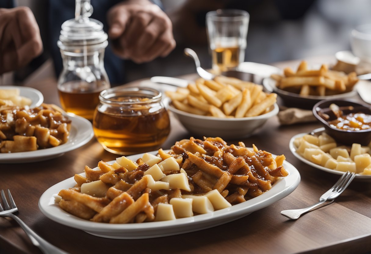 Uma mesa adornada com poutine, tourtière e xarope de bordo