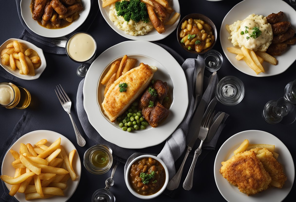 Uma mesa posta com pratos tradicionais britânicos, incluindo peixe com batatas fritas, torta de pastor e bangers and mash