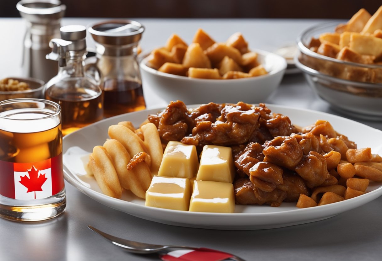 Uma mesa posta com poutine, tortas de manteiga e frango com manteiga.  Garrafas de xarope de bordo e uma bandeira canadense decoram o fundo