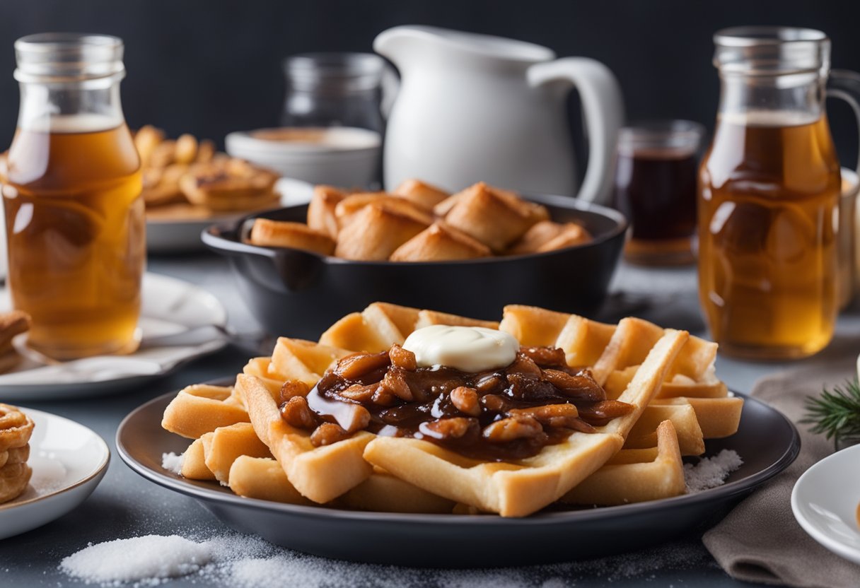 Uma mesa posta com poutine, tortas de manteiga e bannock.  Xarope de bordo e salmão também apareceram.  Paisagem nevada ao fundo