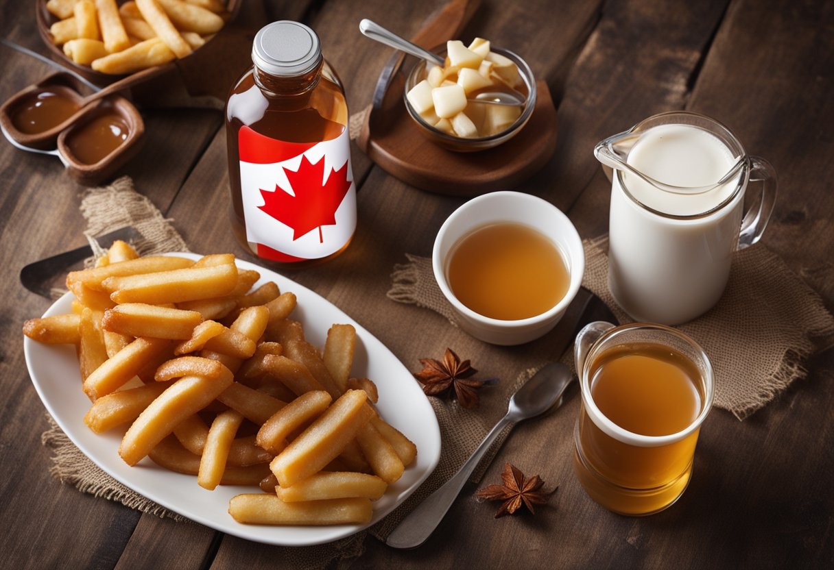 Uma mesa com bandeira canadense, poutine, xarope de bordo e cauda de castor