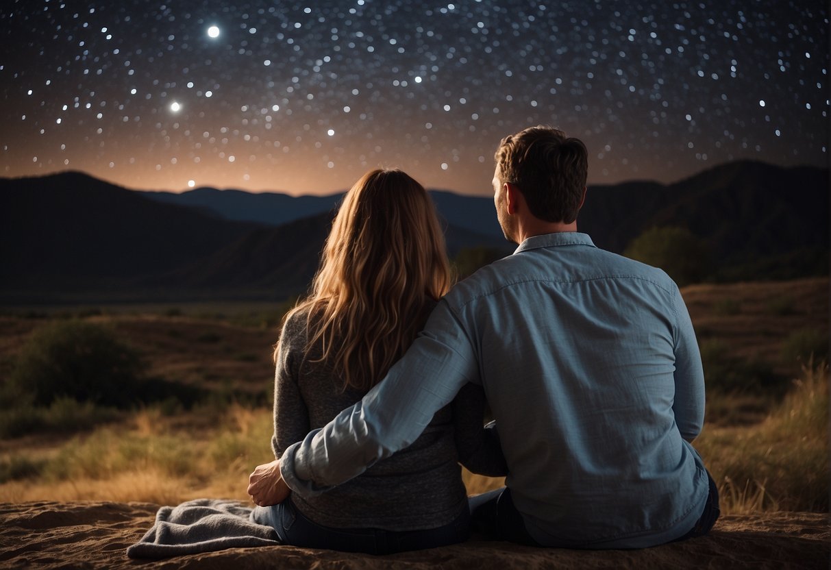 A couple sitting together, gazing at the stars, with a sense of deep connection and understanding
