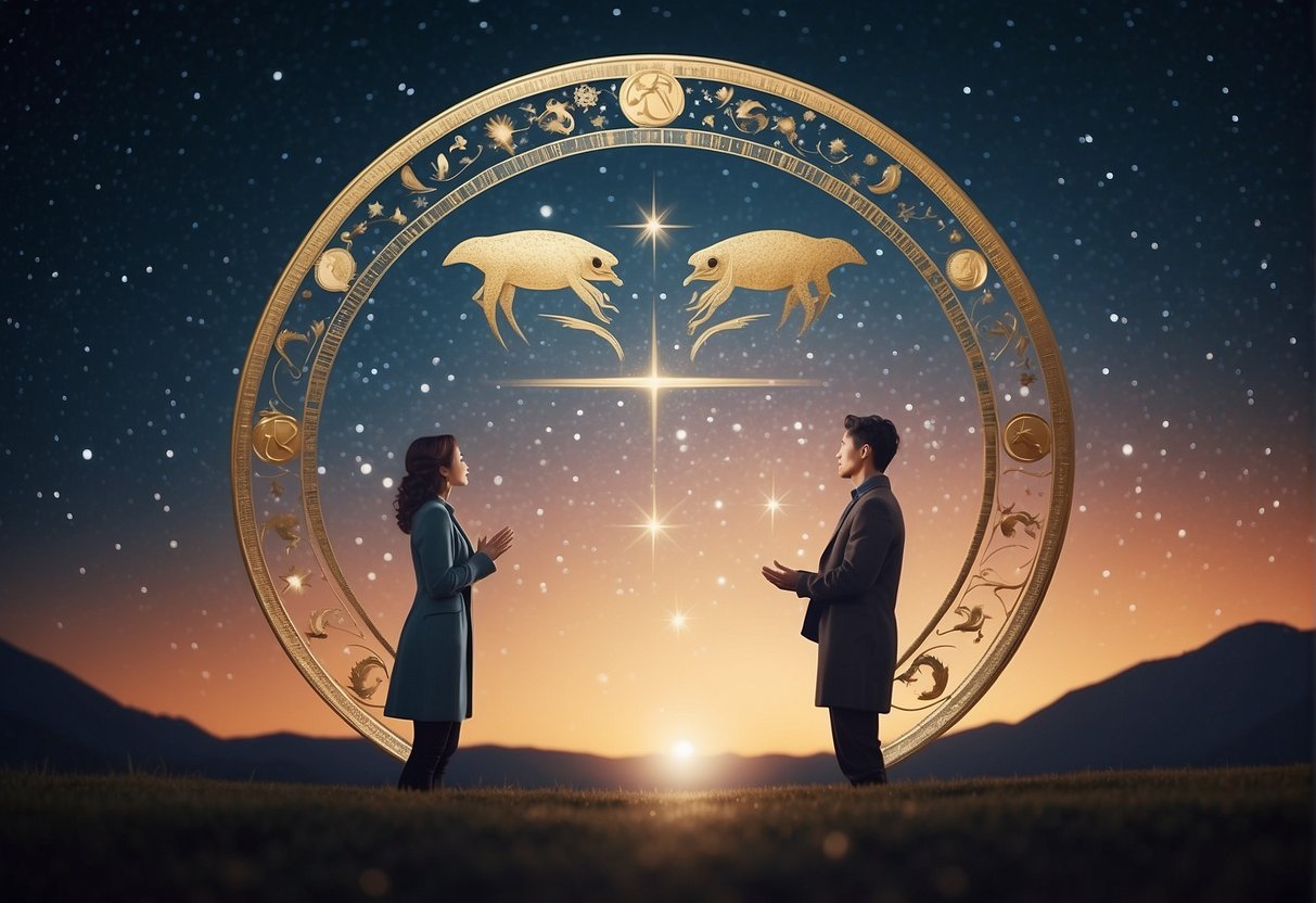 Two Cancer zodiac symbols embracing under a starry sky