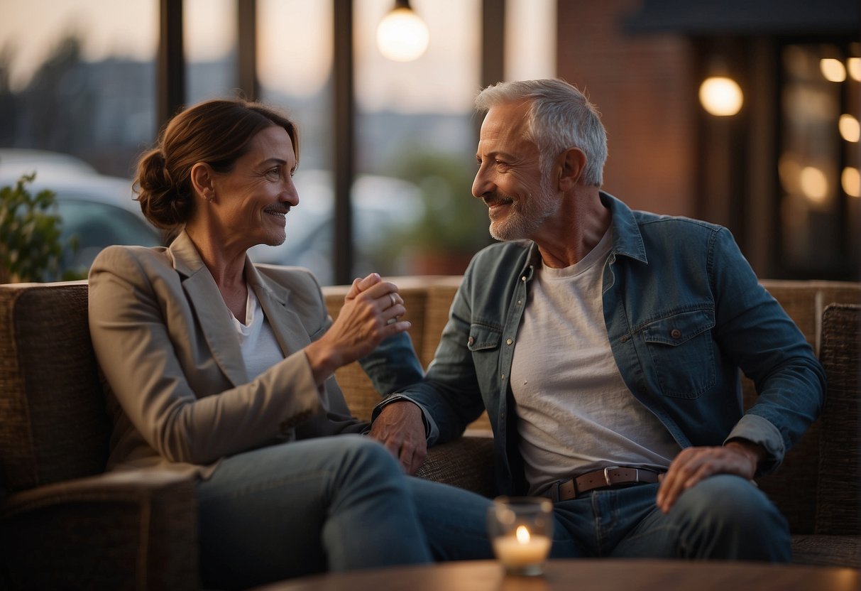 A Cancer man sits across from a partner, sharing deep conversations and tender moments. The atmosphere is cozy, with soft lighting and comfortable surroundings