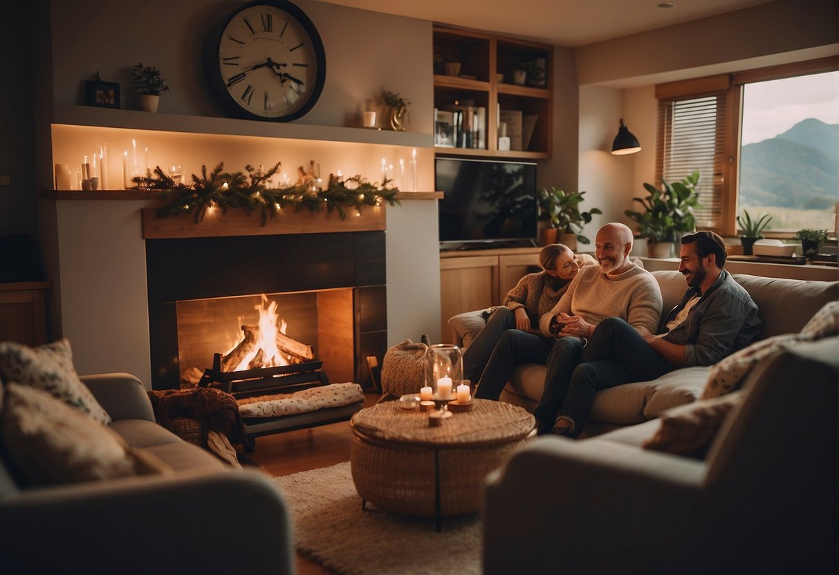 A cozy living room with warm lighting and comfortable furniture. Soft music plays in the background as a cancer man is surrounded by family and friends, laughing and sharing stories