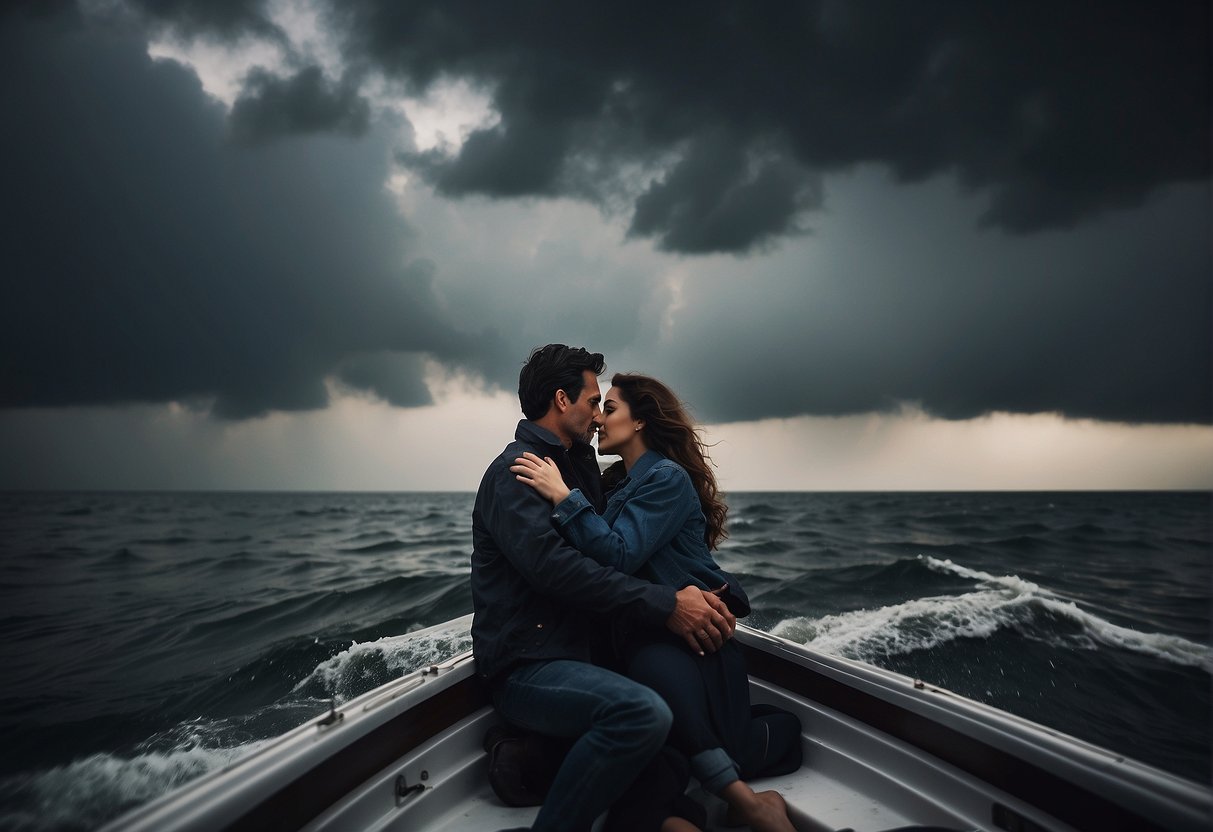 A couple embraces on a boat, surrounded by stormy waters. The man holds the woman close, while she looks up at the dark clouds with a mix of fear and love in her eyes