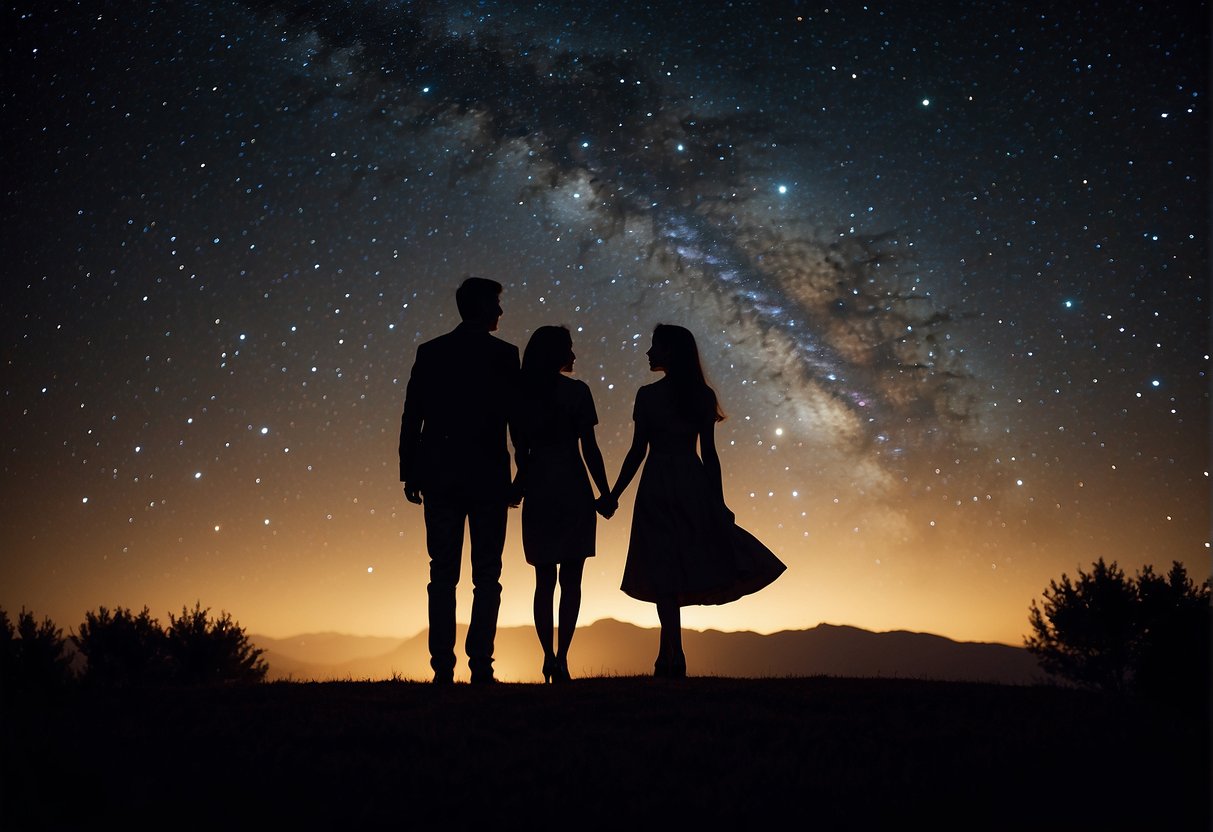 A couple's silhouettes embrace under a starry sky, symbolizing their deep bond and love for each other
