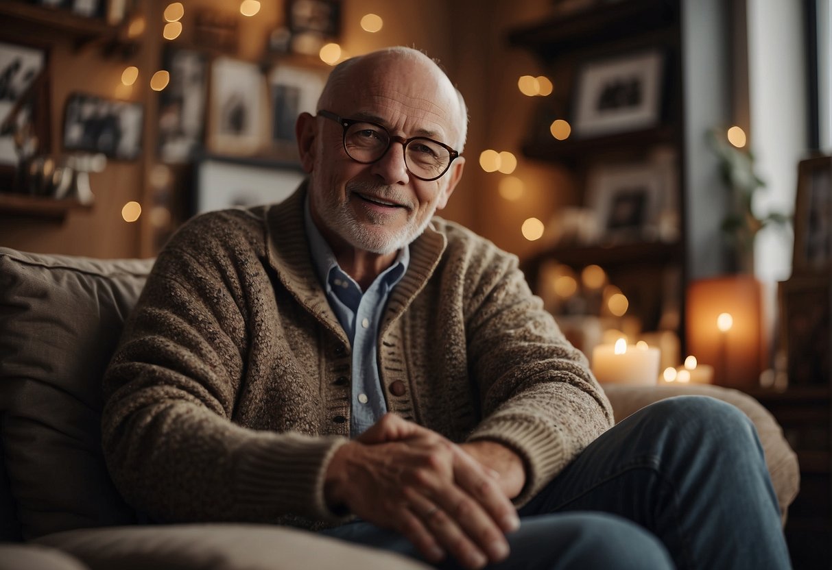 A Cancer man sitting in a cozy, nurturing environment, surrounded by family photos and sentimental objects, receiving affectionate gestures from a loved one