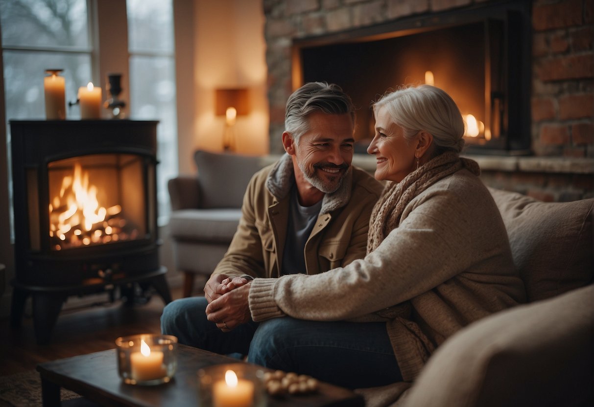 A Cancer man and woman sit by a cozy fireplace, sharing intimate conversations and tender embraces, surrounded by sentimental mementos and soft, soothing colors