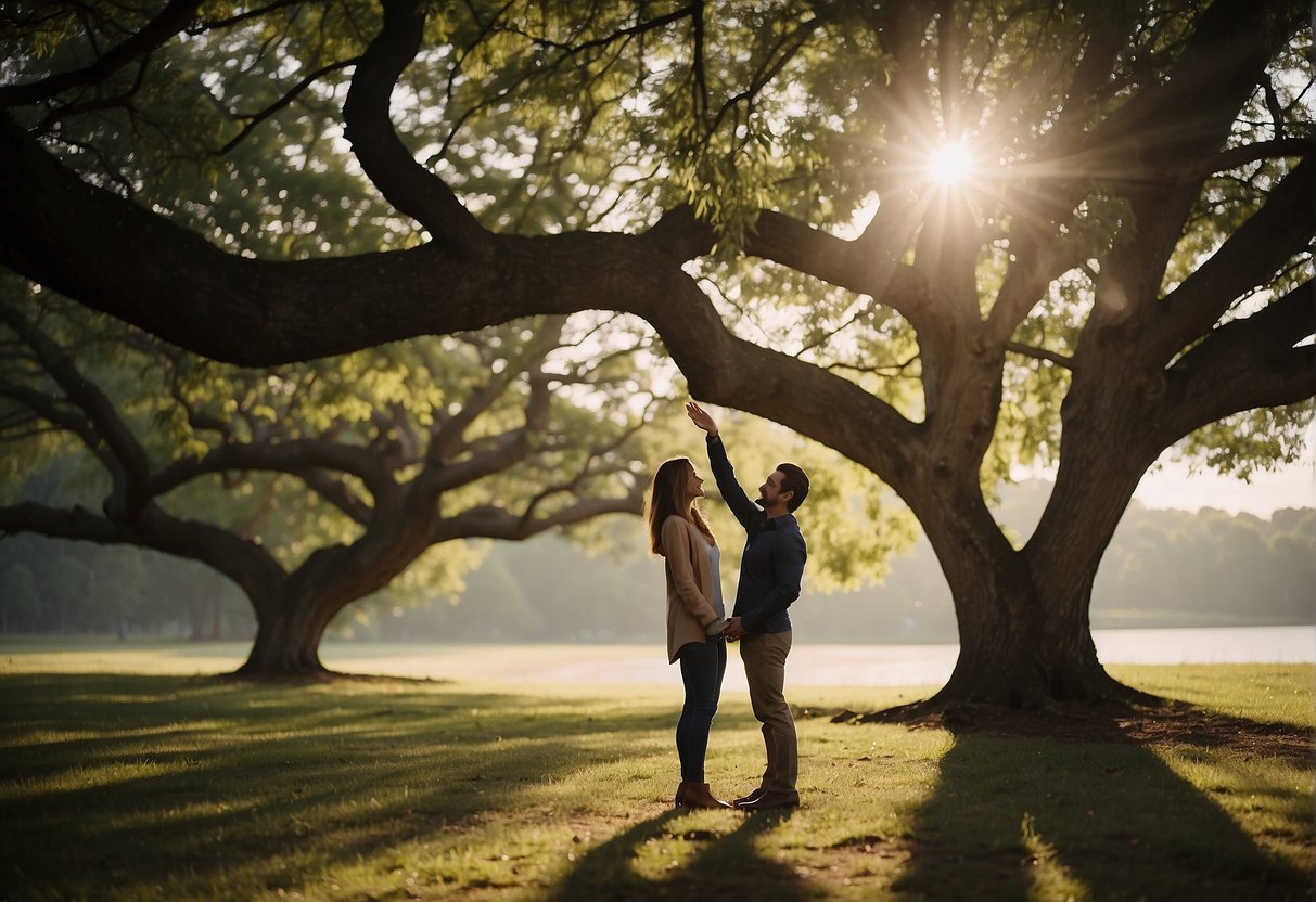 A couple standing beneath a tree, facing each other with open arms, symbolizing love and unity